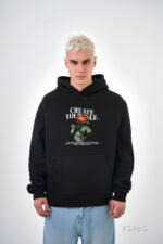 Мужское Черное Худи Свободного Кроя с Принтом Роза - Трехнитка на Флисе