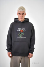 Мужское Графитовое Худи Свободного Кроя с Принтом Роза - Трехнитка на Флисе