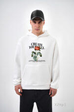 Мужское Белое Худи Свободного Кроя с Принтом Роза - Трехнитка на Флисе