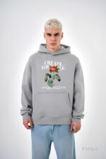 Мужское Серое Худи Свободного Кроя с Принтом Роза - Трехнитка на Флисе