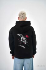 Мужское Черное Худи Свободного Кроя с Принтом Ворон - Трехнитка на Флисе