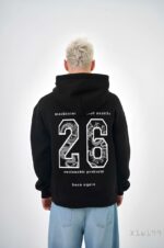 Мужское Черное Худи Свободного Кроя Трехнитка на Флисе с Номером "26"