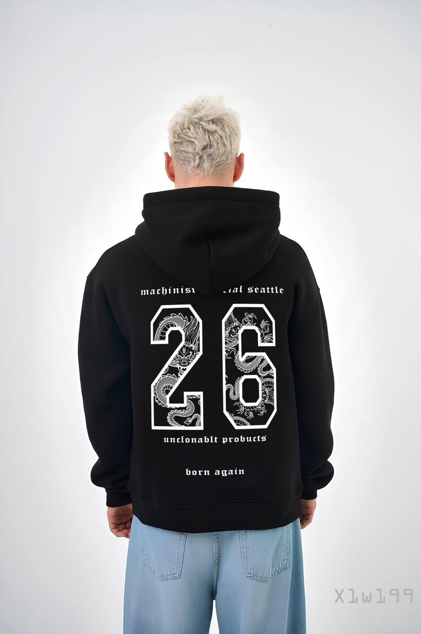 6704db4ad9e18 Мужское Черное Худи Свободного Кроя Трехнитка на Флисе с Номером "26"