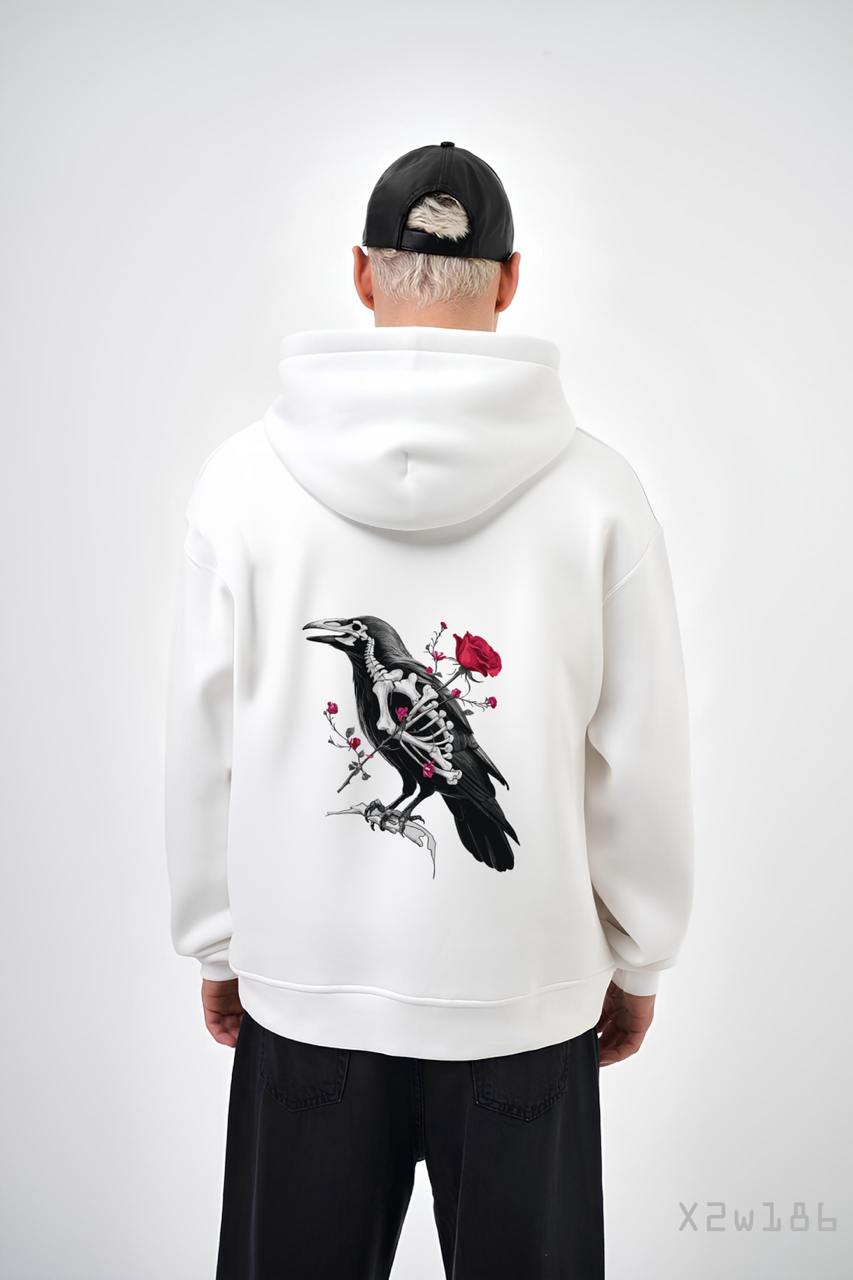 6704dcdd8187d Мужское Белое Худи Свободного Кроя с Принтом Ворон - Трехнитка на Флисе
