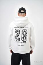 Мужское Белое Худи Свободного Кроя Трехнитка на Флисе с Номером "26"