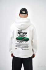 Мужское Белое Худи Свободного Кроя Трехнитка на Флисе с Принтом Машина