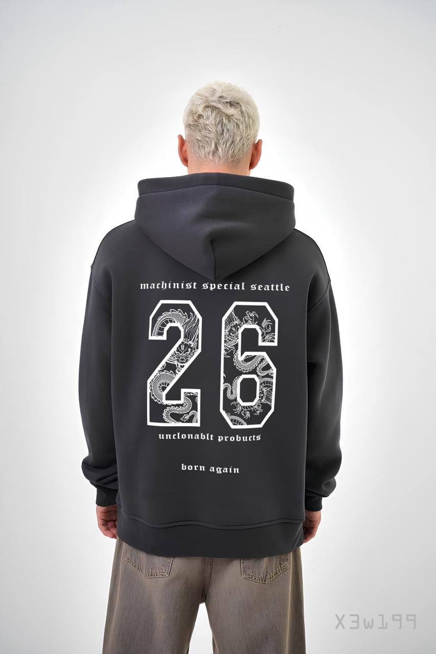 6704e052c658a Мужское Графитовое Худи Свободного Кроя Трехнитка на Флисе с Номером "26"