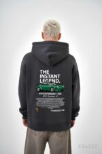 Мужское Графитовое Худи Свободного Кроя Трехнитка на Флисе с Принтом Машина