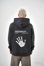 Мужское Графитовое Худи Свободного Кроя Трехнитка на Флисе с Принтом Рукой