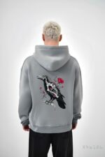 Мужское Серое Худи Свободного Кроя с Принтом Ворон - Трехнитка на Флисе