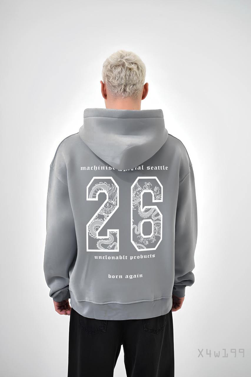 6704e1fcc15dc Мужское Серое Худи Свободного Кроя Трехнитка на Флисе с Номером "26"