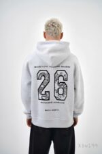 Мужское Худи Серое Меланж Свободного Кроя Трехнитка на Флисе с Номером "26"