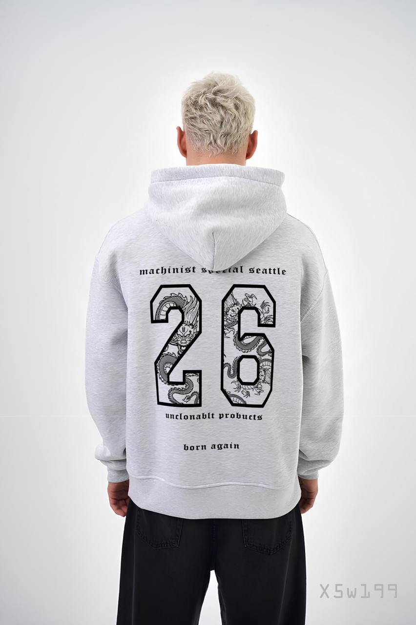 6704e3dd75447 Мужское Худи Серое Меланж Свободного Кроя Трехнитка на Флисе с Номером "26"