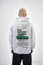 Мужское Худи Серое Меланж Свободного Кроя Трехнитка на Флисе с Принтом Машина