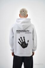 Мужское Худи Серое Меланж Свободного Кроя Трехнитка на Флисе с Принтом Рукой