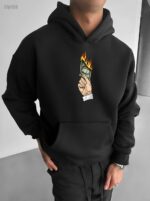 Мужское Черное Худи Свободного Кроя с Принтом Доллар в Огне - Трехнитка на Флисе