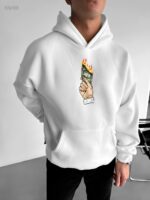 Мужское Белое Худи Свободного Кроя с Принтом Доллар в Огне - Трехнитка на Флисе