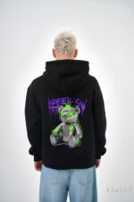 Мужское Черное Худи Свободного Кроя с Принтом Мишка - Трехнитка на Флисе