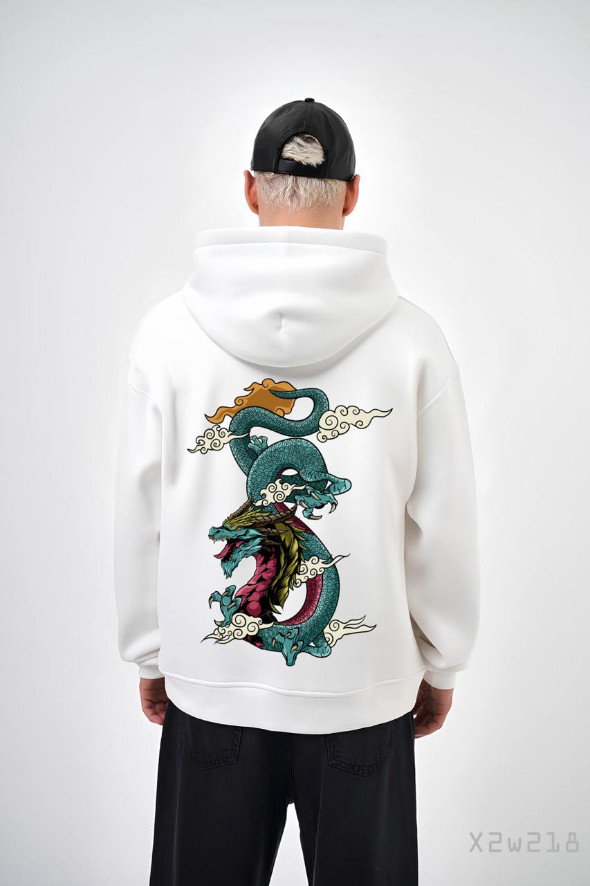 689dbad141659 Мужское Белое Худи Свободного Кроя с Принтом Дракон - Трехнитка на Флисе