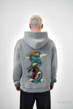 Мужское Серое Худи Свободного Кроя с Принтом Дракон - Трехнитка на Флисе