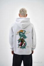 Мужское Худи Серое Меланж Свободного Кроя с Принтом Дракон - Трехнитка на Флисе