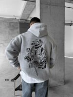 Мужское Серое Меланж Худи Свободного Кроя с Принтом Вооруженный Скелет - Трехнитка на Флисе