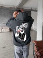 Мужское Графитовое Худи Свободного Кроя "It's Always About You" - Трехнитка на Флисе