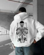 Мужское Белое Худи Свободного Кроя с Принтом Скелет - Трехнитка на Флисе