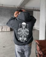 Мужское Графитовое Худи Свободного Кроя с Принтом Скелет - Трехнитка на Флисе