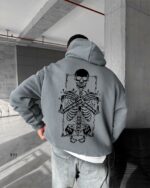 Мужское Серое Худи Свободного Кроя с Принтом Скелет - Трехнитка на Флисе
