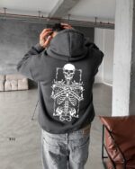 Мужское Темно-Серое Худи Свободного Кроя с Принтом Скелет - Трехнитка на Флисе