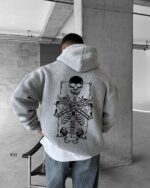 Мужское Худи Серое Меланж Свободного Кроя с Принтом Скелет - Трехнитка на Флисе