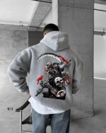 Мужское Худи Серое Меланж Свободного Кроя с Принтом Смерть с Косой - Трехнитка на Флисе