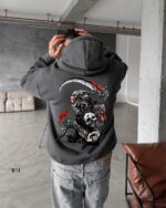 Мужское Темно-Серое Худи Свободного Кроя с Принтом Смерть с Косой - Трехнитка на Флисе