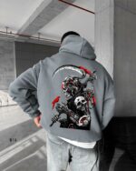 Мужское Серое Худи Свободного Кроя с Принтом Смерть с Косой - Трехнитка на Флисе