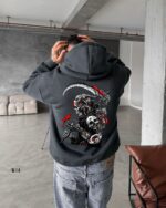 Мужское Графитовое Худи Свободного Кроя с Принтом Смерть с Косой - Трехнитка на Флисе