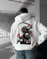 Мужское Белое Худи Свободного Кроя с Принтом Смерть с Косой - Трехнитка на Флисе