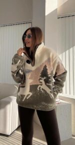 Женская Теплая Флисовая Молочная Кофта с Принтом - Флиска Оверсайз с Высокой Горловиной на Змейке