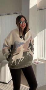 Женская Теплая Флисовая Молочная Кофта с Принтом - Флиска Оверсайз с Высокой Горловиной на Змейке