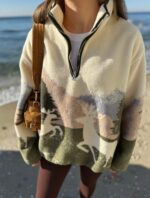 Женская Теплая Флисовая Молочная Кофта с Принтом - Флиска Оверсайз с Высокой Горловиной на Змейке