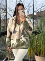 Женская Теплая Флисовая Молочная Кофта с Принтом - Флиска Оверсайз с Высокой Горловиной на Змейке