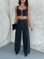 Женские Широкие Черные Джинсы Багги с Камнями Стразами
