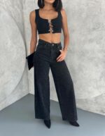 Женские Широкие Черные Джинсы Багги с Камнями Стразами