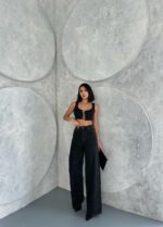 Женские Широкие Черные Джинсы Багги с Камнями Стразами