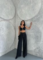 Женские Широкие Черные Джинсы Багги с Камнями Стразами