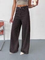 Женские Широкие Графитовые Джинсы Багги с Камнями Стразами