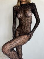 Женский Черный Бодистокинг в Сеточку с Леопардовым Принтом