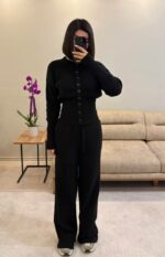 Женский Базовый Приталенный Черный Костюм на Пуговицах (Кардиган + Штаны)