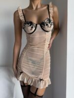 Женский Полупрозрачный Бежевый Пеньюар из Сеточки с Рюшами + Трусики + Чулки