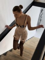 Женский Полупрозрачный Бежевый Пеньюар из Сеточки с Рюшами + Трусики + Чулки